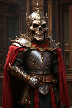 "A character with a skull head wearing shiny armor reminiscent of King Richard the Lionheart, complete with a red cloak and a golden crown. The skull's expression shows bravery, while the background depicts a royal atmosphere."