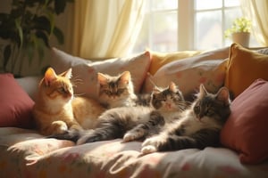 In a cozy living room, a group of playful cats is lounging on a soft sofa, surrounded by colorful cushions and warm sunlight streaming through the window. The gentle light highlights the cats' unique features as they enjoy their leisurely afternoon.