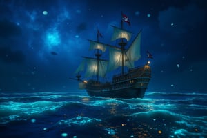 Captain's blackbeard return: A majestic pirate ship, adorned with billowing sails and lanterns aglow, majestically glides into a bioluminescent sea illuminated by a swirling galaxy above. Fireflies dance across the waves, as if welcoming the vessel home. Framed by the starry night sky, this XL 4K ultra-high definition action shot captures the drama of the moment.,noc-futuristic