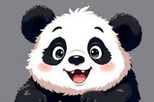 An artistic design featuring the head of a panda with soft, fluffy fur, radiating cuteness and playfulness. The contrasting black and white colors highlight the panda's charming features, with bright eyes and a joyful expression. The simple background accentuates the adorable and unique nature of this panda image.