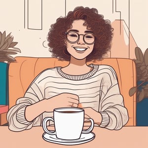 Illustrate a girl with short curly hair and round glasses in line art style, wearing a colorful oversized sweater. She is smiling and holding a cup of coffee, with a cozy café background featuring simple line art furniture