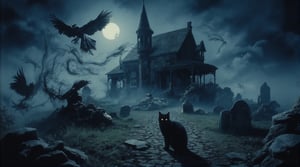 a haunted house on top of a hill surrounded by bats and ravens, the full moon shines behind the old house, shapes lurking in the shadows, gravestones in the field, a black cat standing in the pathway.
vintage, horror, texture, halloween, haunted, magical, light particles, DarkAura