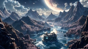 An ethereal 2.5D scene of vast mountains covered in cherry blossoms surrounding an azure lake with rivers and waterfalls leading to it. The sky is a tapestry of stars, with the outline of a nearby gas giant clearly visible. In the distance, an alien structure shoots a constant stream of pure energy up to the sky, parting the clouds in its wake.