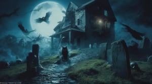 a haunted house on top of a hill surrounded by bats and ravens, the full moon shines behind the old house, shapes lurking in the shadows, gravestones in the field, a black cat standing in the pathway.
vintage, horror, texture, halloween, haunted, magical, light particles, DarkAura