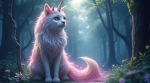 A majestic pixar-style cat sits upright in the foreground, his detailed white fur gleaming in the moonlight. The cat has a horn on his forehead like a unicorn, and flowing pink hair descending from his head, enveloping his body. An enchanted forest is visible in the background. The thick trees covered in wisps of energy.