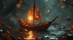 A close up view of a candle burning inside an origami paper ship, gently drifting away with the river's stream. DarkHalloween, justart01