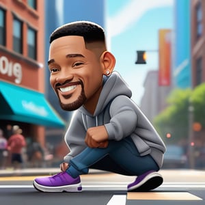 Pixar-style full-length caricature of a mischievous Will Smith in a dynamic pose on a bustling city street, wearing a sports sweatshirt, created by Greg Rutkowski with sharp focus, depth of field, perfect composition and intricate details. , trending on ArtStation and featured on Pixiv Fanbox, digital art, 8K HDR, ultra-realistic, with the feeling