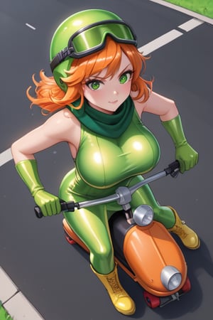 1girl, solo, big breasts, (green gloves), red glowing hair, yellow boots, sword, green scarf, orange hair, short dress, green helmet with goggles, sheath,scooter, ((yellow greenish latex dress)), riding  a ((light green)) long vespa, ((from above)), moving vespa, (((package bags))), weapons, ((hands on ((handlebars)))