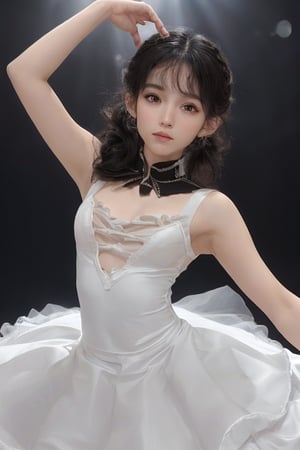 solo, curly hair, black hair, 1boy, upper body, female focus, latina skin, night,, realistic, light dimmed, hair tied, ((balerina costume)), ballet, look away,  focus, at the stage, sweat, look tired, tutu, idol, (((low shot angle))), 