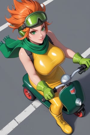 1girl, solo, big breasts, (green gloves), red glowing hair, yellow boots, sword, green scarf, orange hair, short dress, green helmet with goggles, sheath,scooter, ((yellow greenish latex dress)), riding  a ((light green)) long vespa, ((from above)), moving vespa, (((package bags))), weapons, ((hands on ((handlebars)))