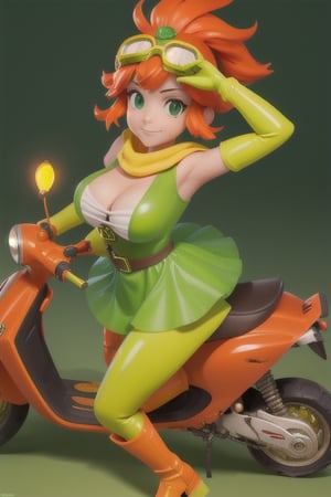 1girl, solo, big breasts, (green gloves), red glowing hair, yellow boots, sword, green scarf, orange hair, short dress, green helmet with goggles, sheath,scooter, ((yellow greenish latex dress)), riding  a ((light green)) vespa, various views, various pose, ((from above)), moving vespa, delivery bags, weapons, 