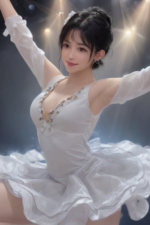 solo, curly hair, black hair, 1boy, upper body, female focus, latina skin, night,, realistic, light dimmed, hair tied, ((balerina costume)), ballet, look away,  focus, at the stage, sweat, big smile, tutu, idol, (((low shot angle))), 