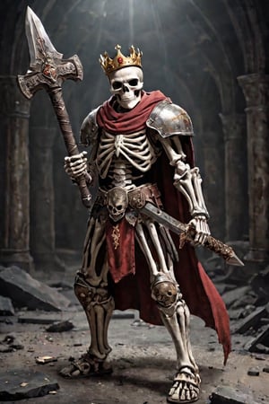 solo, 1boy, holding, standing, weapon, male focus, sword, broken cape, holding weapon, armor, sandals, crown, huge weapon, hammer,(( skeleton face)),  crusader armor, full body plate, 