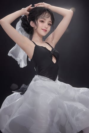 solo, curly hair, black hair, 1boy, upper body, female focus, latina skin, night,, realistic, light dimmed, hair tied, ((balerina costume)), ballet, look away,  focus, at the stage, sweat, big smile, tutu, idol, (((low shot angle))), spot light,