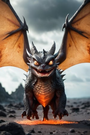 solo, wings, orange eyes, dragon \(creature\), no humans, glowing,((fat)), bulky, dragon, breathing fire, glowing eyes, ((flying)), minion little dragons, scary, black silver, metal scale, gigantic, sharp teeth, two wings, lava saliva, lava body, translucent body, 