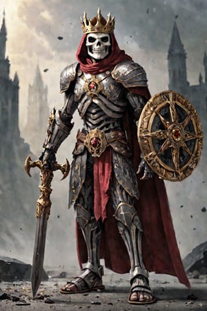 solo, 1boy, holding, standing, weapon, male focus, broken cape, holding weapon, armor, ((sandals)), crown, huge weapon,morning star,(( skeleton face)),  crusader armor, ((full body plate)), 