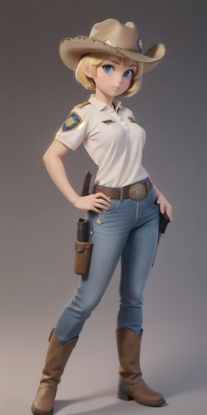 1girl, solo, breasts, short hair, blue eyes, blonde hair, belt, pants, hand on hip, gun, ((light brown polo shirt)) rolled sleeves, denim, jeans, holster, cowboy hat, ((sherrif badge)), ((county sheriff uniform)), (((hand straight, shooting position))), side profile, eyes facing away, simple white background,  boots, full body shoot,  low angle, ((whole body)),  ((panoramic shoot)), chibi
