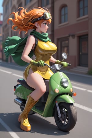 1girl, solo, big breasts, (green gloves), red glowing hair, yellow boots, sword, green scarf, orange hair, short dress, green helmet with goggles, sheath,scooter, ((yellow greenish latex dress)), riding  a ((light green)) long vespa, ((side profile)), moving vespa, (((package bags))), weapons, ((hands on ((handlebars)))