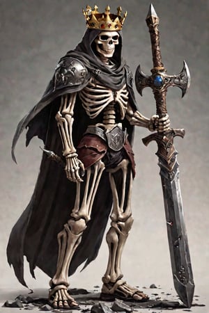 solo, 1boy, holding, standing, weapon, male focus, sword, broken cape, holding weapon, armor, sandals, crown, huge weapon, hammer,(( skeleton face)), 