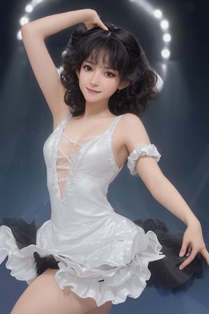 solo, curly hair, black hair, 1boy, upper body, female focus, latina skin, night,, realistic, light dimmed, hair tied, ((balerina costume)), ballet, look away,  focus, at the stage, sweat, big smile, tutu, idol, (((low shot angle))), 