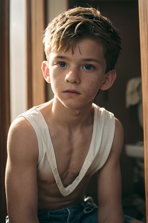 AS TOM HOLLAND, SKINNY BODY, (((CUTE BOY))), (((LITTLE BOY))), SITTING, IN BATHROOM, NIGHT FALL, PORTRAIT,  1BOY, BOY FOCUS, 13 year old boy with blonde hair, SHORT HAIR, UNDERCUT HAIR,  his hair is divided in front from center to both sides, hair front separated in two sides, OPEN SHIRT, SHOW CHEST,Realism,photorealistic, photograph,film,bokeh, detailed eyes, masterpiece, 8K