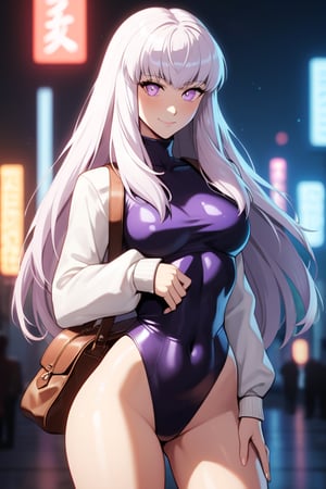 looking at viewer, 1 girl, alone, long hair, looking at viewer, blush, smile, bangs, small breasts, wide hips, long sleeves, tall girl, purple eyes, closed mouth, standing, white hair, thighs, cowboy shot, bag, sweater, leotard, covered navel, turtleneck, high leg, black leotard, high leg leotard, under bust, white sweater, (((neon theme))), dark theme, vivid color, masterpiece, best quality, amazing quality , very aesthetic, absurd, depth of field, score_9, score_8, score_7, score_6, Lysithea von Ordelia \(fire emblem three houses\), view from back