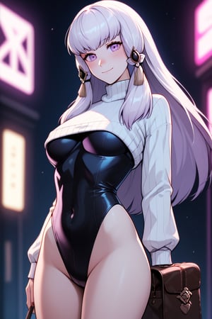 looking at viewer, 1 girl, alone, long hair, looking at viewer, blush, smile, bangs, small-medium breasts, long sleeves, purple eyes, closed mouth, standing, white hair, thighs, cowboy shot, bag, sweater, leotard, covered navel, turtleneck, high leg, black leotard, high leg leotard, under bust, white sweater, (((neon theme))), dark theme, vivid color, masterpiece, best quality, amazing quality , very aesthetic, absurd, depth of field, score_9, score_8, score_7, score_6, Lysithea von Ordelia \(fire emblem three houses\)