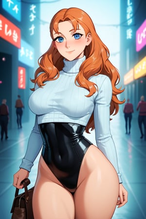 looking at viewer, 1 girl, alone, long hair, looking at viewer, blush, smile, bangs, small breasts, wide hips, long sleeves, tall girl, blue eyes, closed mouth, standing, orange hair, thighs, cowboy shot, bag, sweater, leotard, covered navel, turtleneck, high leg, black leotard, high leg leotard, under bust, white sweater, (((neon theme))), dark theme, vivid color, masterpiece, best quality, amazing quality , very aesthetic, absurd, depth of field, score_9, score_8, score_7, score_6, Annette Fantine Dominic \(fire emblem three houses\), big ass