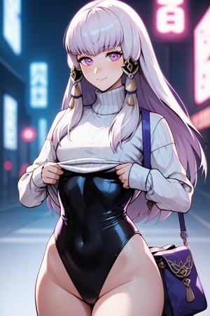 looking at viewer, 1 girl, alone, long hair, looking at viewer, blush, smile, bangs, small breasts, wide hips, long sleeves, tall girl, purple eyes, closed mouth, standing, white hair, thighs, cowboy shot, bag, sweater, leotard, covered navel, turtleneck, high leg, black leotard, high leg leotard, under bust, white sweater, (((neon theme))), dark theme, vivid color, masterpiece, best quality, amazing quality , very aesthetic, absurd, depth of field, score_9, score_8, score_7, score_6, Lysithea von Ordelia \(fire emblem three houses\)