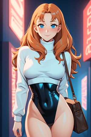 looking at viewer, 1 girl, alone, long hair, looking at viewer, blush, smile, bangs, small breasts, wide hips, long sleeves, tall girl, blue eyes, closed mouth, standing, orange hair, thighs, cowboy shot, bag, sweater, leotard, covered navel, turtleneck, high leg, black leotard, high leg leotard, under bust, white sweater, (((neon theme))), dark theme, vivid color, masterpiece, best quality, amazing quality , very aesthetic, absurd, depth of field, score_9, score_8, score_7, score_6, Annette Fantine Dominic \(fire emblem three houses\), big ass