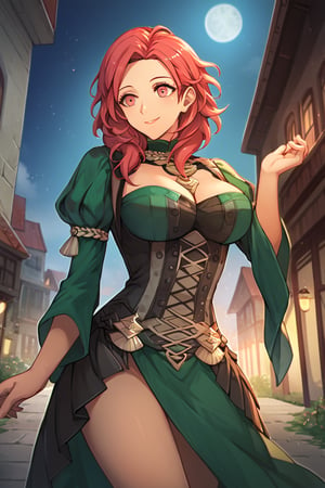 Score_9, Score_8_up, Score_7_up, Score_6_up, source_anime BREAK 1girl, warAnne, 25 year old girl, short hair, wavy hair, red hair, red hair, big breasts, fit body, wide hips, green dress, elegant dress, Hapi \(fire emblem three houses\), smiling with closed mouth, adult face, detailed NIGHT in background, happy, smiling, in a building, hands in the air, dark skinned body, at night