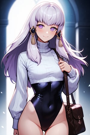 looking at viewer, 1 girl, alone, long hair, looking at viewer, blush, smile, bangs, small breasts, long sleeves, tall girl, purple eyes, closed mouth, standing, white hair, thighs, cowboy shot, bag, sweater, leotard, covered navel, turtleneck, high leg, black leotard, high leg leotard, under bust, white sweater, (((neon theme))), dark theme, vivid color, masterpiece, best quality, amazing quality , very aesthetic, absurd, depth of field, score_9, score_8, score_7, score_6, Lysithea von Ordelia \(fire emblem three houses\)