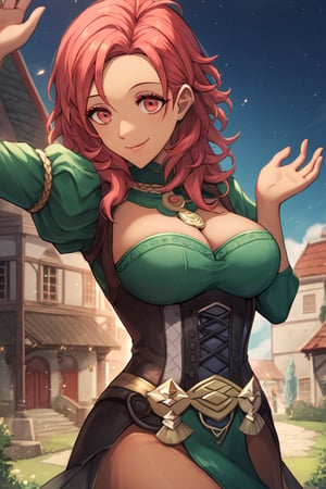 Score_9, Score_8_up, Score_7_up, Score_6_up, source_anime BREAK 1girl, warAnne, 25 year old girl, short hair, wavy hair, red hair, red hair, big breasts, fit body, wide hips, green dress, elegant dress, short dress, Hapi \(fire emblem three houses\), smiling with closed mouth, adult face, detailed NIGHT in background, happy, smiling, in a building, hands in the air, dark skinned body