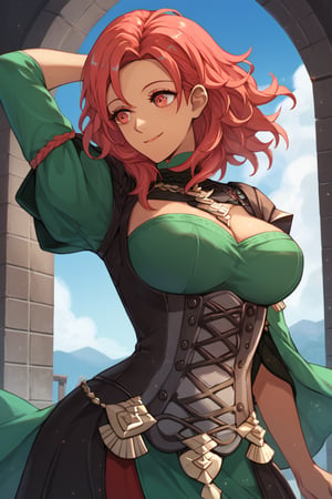 Score_9, Score_8_up, Score_7_up, Score_6_up, source_anime BREAK 1girl, warAnne, 25 year old girl, short hair, wavy hair, red hair, red hair, big breasts, fit body, wide hips, green dress, elegant dress, Hapi \(fire emblem three houses\), smiling with closed mouth, adult face, detailed night mountain in background, happy, smiling, in a building, hands in the air, dark skinned body