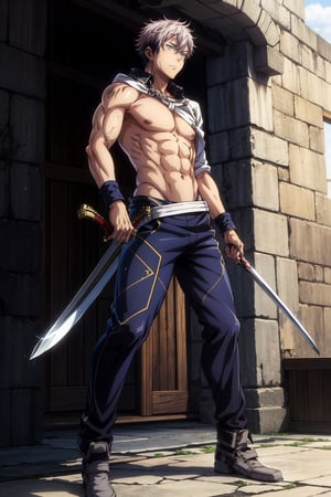 Anime, great detail, beautiful boy, detailed eyes, detailed face, (full body portrait), 1boy, solo, purple eyes, long and white hair, no shirt, showing abs, fit body, medieval pants, training with sword, medieval aged, training room, HGS_1,itadori yuji,chrom