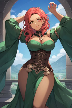 Score_9, Score_8_up, Score_7_up, Score_6_up, source_anime BREAK 1girl, warAnne, 25 year old girl, short hair, wavy hair, red hair, red hair, big breasts, fit body, wide hips, green dress, elegant dress, Hapi \(fire emblem three houses\), smiling with closed mouth, adult face, detailed night mountain in background, happy, smiling, in a building, hands in the air, dark skinned body