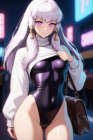 looking at viewer, 1 girl, alone, long hair, looking at viewer, blush, smile, bangs, small breasts, wide hips, long sleeves, tall girl, purple eyes, closed mouth, standing, white hair, thighs, cowboy shot, bag, sweater, leotard, covered navel, turtleneck, high leg, black leotard, high leg leotard, under bust, white sweater, (((neon theme))), dark theme, vivid color, masterpiece, best quality, amazing quality , very aesthetic, absurd, depth of field, score_9, score_8, score_7, score_6, Lysithea von Ordelia \(fire emblem three houses\), view front back
