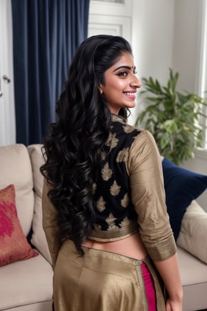 A stunning Indian Instagram model, 22 years old and exuding cuteness, stands straight and proud, her long black hair cascading down her back. The warm lighting highlights the vibrant colors of her attire as she dances effortlessly on a cozy sofa within the comfort of her home. Her bright smile radiates confidence and charm, making her a beauty to behold.