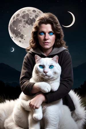 Old adventurer riding a gigantic a fluffy white cat at night under a crescent moon, fantasy, digital art,photo of perfecteyes eyes,more detail XL,photorealistic,Detailedface,perfecteyes eyes