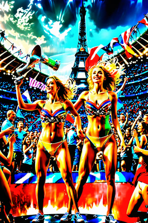 Photographic sports action style, (best quality, masterpiece, absurdres, ultra realistic:1.4), lifelike rendering, (medium shot), (low angle view),  atmosphere of excitment competition and action, cheering crowd, sign in the background says "Olympic Beer Drinking Competition", the center a stadium with eifel tower in the distance background, both girls have a determined look, both girls are dressed in sporting clothes, (vivid colors:1.3), cinematic action, intense mood and dramatic lighting, both girls faces are glowing with health and energy, light natural makeup, peerlessly beautiful idols, detailed eyes,beautiful delicate facial features, atheletic,energetic,alluring, enchanting, score_9, score_8_up, score_7_up, olympic 5 rings logo, 