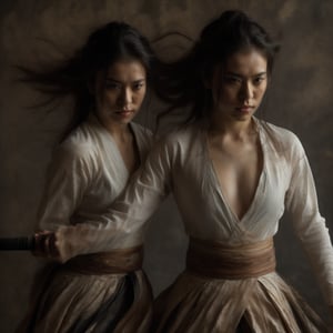 A masterpiece of photorealistic artistry captures two stunning 21-year-old girls with traditional Chinese hairstyles, their long black hair blowing gently in the wind as they stand side by side, surrounded by a serene ancient Chinese city street. One girl, dressed in a light blue skirt and bellyband, holds a Chinese sword while wearing a ponytail and swinging her weapon in precise martial arts moves, such as lunges and jumps. Her opponent, similarly attired, wields a sword with finesse, their movements clearly visible through the use of a wide-angle lens and movie-like photography. The girls' features are flawlessly rendered, showcasing thin yet athletic physiques, pink lips, long eyelashes, and large eyes that seem to pierce through the image. The background, a blurred mixture of Chinese architecture and lush greenery, serves as a stunning contrast to the vibrant colors of the subject's hair accessories and the flowing ink-like smoke that surrounds them.