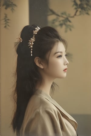 side profile face of a beautiful korean woman, traditional, vintage, trun of century background