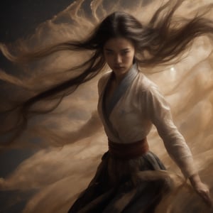 A masterpiece of photorealistic artistry captures two stunning 21-year-old girls with traditional Chinese hairstyles, their long black hair blowing gently in the wind as they stand side by side, surrounded by a serene ancient Chinese city street. One girl, dressed in a light blue skirt and bellyband, holds a Chinese sword while wearing a ponytail and swinging her weapon in precise martial arts moves, such as lunges and jumps. Her opponent, similarly attired, wields a sword with finesse, their movements clearly visible through the use of a wide-angle lens and movie-like photography. The girls' features are flawlessly rendered, showcasing thin yet athletic physiques, pink lips, long eyelashes, and large eyes that seem to pierce through the image. The background, a blurred mixture of Chinese architecture and lush greenery, serves as a stunning contrast to the vibrant colors of the subject's hair accessories and the flowing ink-like smoke that surrounds them.