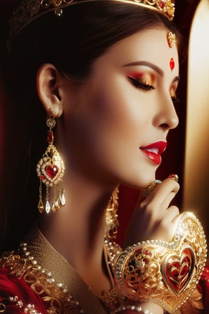 close up side profile of a beautiful woman's face, the woman has a mysterious smile, she holds (5 poker cards fanned out:1.4) near  her face showing that the (5 cards all to be king of hearts:1.4), the cards are made of a luxurious golden material, on one ear she wears a prominent (earring made of gold and shiny gemstones that spells out "Thanks":1.4), Her head is turned slightly such that the the earring wiht "Thanks" cane be clearly seen, she is wearing make up and red nail polish that accentuates her beauty, (Best Quality), (HDR: 1.4), 16K, Masterpiece, (Vivid Color: 1.4), Rich Clours, Gamma 2.0, High Contrast, Fine details and textures, cosy intimate atmosphere, Warm colors, (intense: 1.2), rim lighting,Movie Still