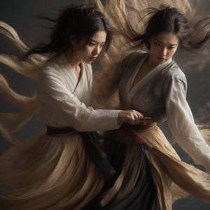 A masterpiece of photorealistic artistry captures two stunning 21-year-old girls with traditional Chinese hairstyles, their long black hair blowing gently in the wind as they stand side by side, surrounded by a serene ancient Chinese city street. One girl, dressed in a light blue skirt and bellyband, holds a Chinese sword while wearing a ponytail and swinging her weapon in precise martial arts moves, such as lunges and jumps. Her opponent, similarly attired, wields a sword with finesse, their movements clearly visible through the use of a wide-angle lens and movie-like photography. The girls' features are flawlessly rendered, showcasing thin yet athletic physiques, pink lips, long eyelashes, and large eyes that seem to pierce through the image. The background, a blurred mixture of Chinese architecture and lush greenery, serves as a stunning contrast to the vibrant colors of the subject's hair accessories and the flowing ink-like smoke that surrounds them.