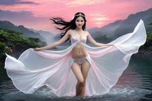 (21 years old girl), (full_body:1.4) including feet, (feet:1.4), (pink nipples:1.4), medium breasts, symmetrical breasts, slender, perfect anatomy, pussy, female pubic hair, flowing black hair, asia, taiwanese, (nsfw:1.4),1girl,naked, nude, (white skin:1.4)
BREAK
gentle smile, looking at viewer, delicate facial features, sexy pose, alluring model pose, floating in the air, flying, fly, (dance:1.2), dancing, ethereal, pretty, beautiful,
BREAK
partially see-through top, see-through bottom, see-through cloth, see-through fabric, glow clothes, translucent clothes, translucent skirt, translucent camisole,translucent pelvic curtain,
BREAK
intricate jewelry,ethnic jewlery, headdress,necklace, waist chain, earrings, gemstones, 
BREAK
breathtaking scenery background, misty, volumetric lighting, 
BREAK
masterpiece, (photorealistic:1.4), UHD, 8k wallpaper, best quality, highres, ultra-detailed, Score_9, Score_8_Up,feathers, flowers, flower,  translucent, more detail, glow, Fairy in Clouds, liquid clothes, water, translucent ribbon, transluscent twirling fabric,