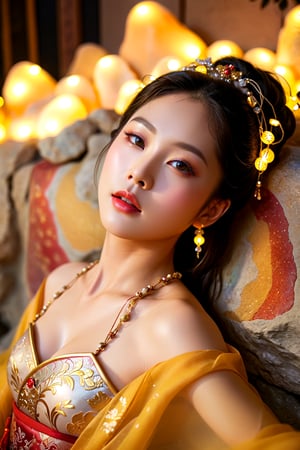 (Best quality,masterpiece,absurdres,ultra realistic:1.4),(Rococo:1.4),peerlessly beautiful idol, beautiful detailed eyes,(see-through_clothing),(Elegant posture),shine,glowing,sparkling,energy coalescing and vibrating,(dynamic angle,dynamic pose),lie_down, mysterious look, nsfw, flamboyant, wearing see-through Hanfu with full visibility of her skin tone and breasts underneath,(naked under hanfu:1.4), (breast), alluring, seductive, enchanting, cleavage, exposed, (Dream_wave:1.22), (playful, scintillating, yellow gold, String Lights (Fairy Lights), uplighting), (Around floating colorful rocks:1.4), the most beautiful form of chaos,(colorful plum:1), extremely detailed realistic and delicate facial features,Asian,Asian Girl,Asian Woman