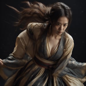 A masterpiece of photorealistic artistry captures two stunning 21-year-old girls with traditional Chinese hairstyles, their long black hair blowing gently in the wind as they stand side by side, surrounded by a serene ancient Chinese city street. One girl, dressed in a light blue skirt and bellyband, holds a Chinese sword while wearing a ponytail and swinging her weapon in precise martial arts moves, such as lunges and jumps. Her opponent, similarly attired, wields a sword with finesse, their movements clearly visible through the use of a wide-angle lens and movie-like photography. The girls' features are flawlessly rendered, showcasing thin yet athletic physiques, pink lips, long eyelashes, and large eyes that seem to pierce through the image. The background, a blurred mixture of Chinese architecture and lush greenery, serves as a stunning contrast to the vibrant colors of the subject's hair accessories and the flowing ink-like smoke that surrounds them.