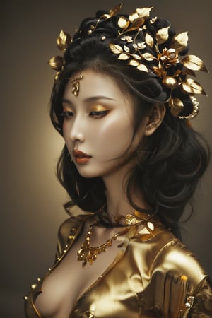 beautiful asian woman with golden face, golden  shoulder and chest