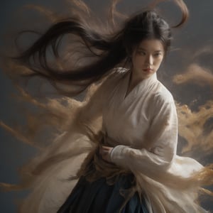 A masterpiece of photorealistic artistry captures two stunning 21-year-old girls with traditional Chinese hairstyles, their long black hair blowing gently in the wind as they stand side by side, surrounded by a serene ancient Chinese city street. One girl, dressed in a light blue skirt and bellyband, holds a Chinese sword while wearing a ponytail and swinging her weapon in precise martial arts moves, such as lunges and jumps. Her opponent, similarly attired, wields a sword with finesse, their movements clearly visible through the use of a wide-angle lens and movie-like photography. The girls' features are flawlessly rendered, showcasing thin yet athletic physiques, pink lips, long eyelashes, and large eyes that seem to pierce through the image. The background, a blurred mixture of Chinese architecture and lush greenery, serves as a stunning contrast to the vibrant colors of the subject's hair accessories and the flowing ink-like smoke that surrounds them.